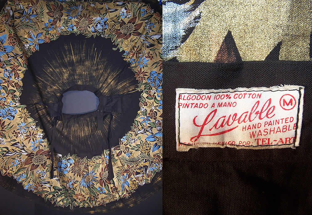 Vintage Tel-Art Floral Gold Stencil Hand Painted Black Mexican Circle Skirt two views label close up