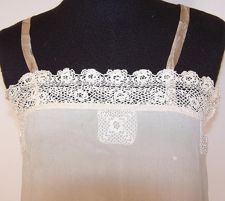 Vintage White Silk Irish Crochet Lace Lingerie Chemise Shift Slip Dress close up