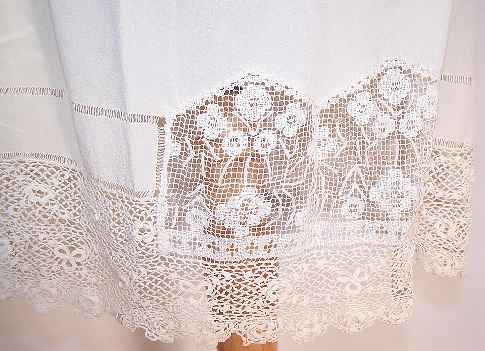 Vintage White Silk Irish Crochet Lace Lingerie Chemise Shift Slip Dress close up