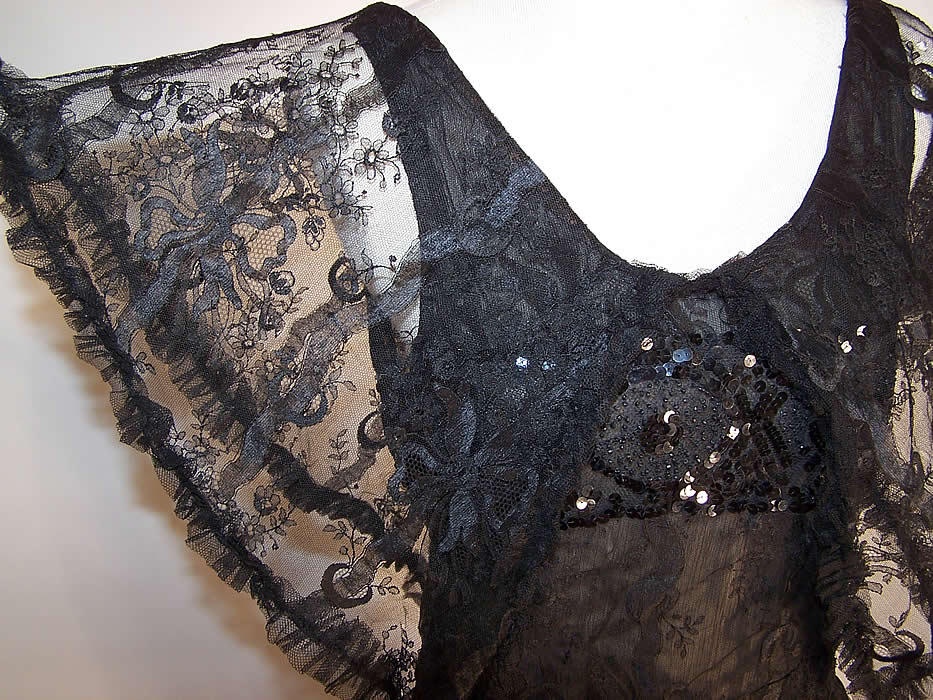 Vintage Black Chantilly Lace Silk Sequin Beaded Drop Waist Dress Gown sleeve view.