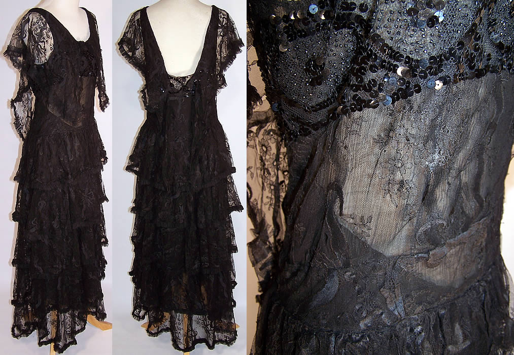 Vintage Black Chantilly Lace Silk Sequin Beaded Drop Waist Dress Gown