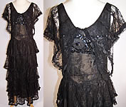 Vintage 1920s Black Chantilly Lace Silk Sequin Beaded Drop Waist Dress Gown