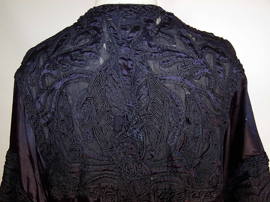 Edwardian Antique Chinese Silk Soutache Embroidered Shawl Cape Coat back close up.