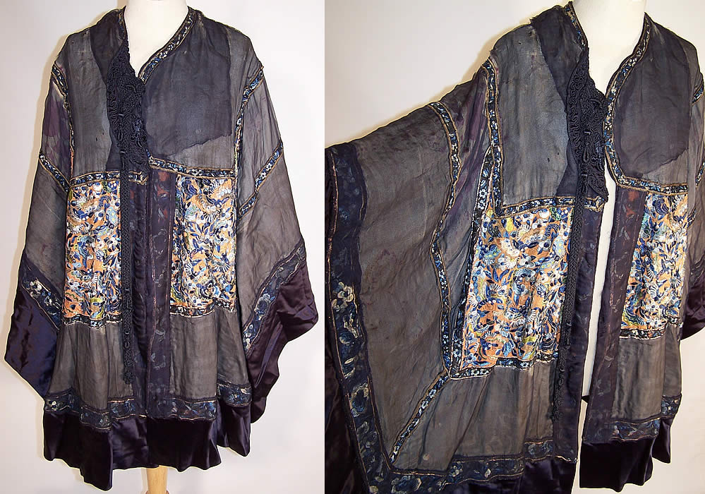 Edwardian Antique Chinese Silk Soutache Embroidered Shawl Cape Coat inside out