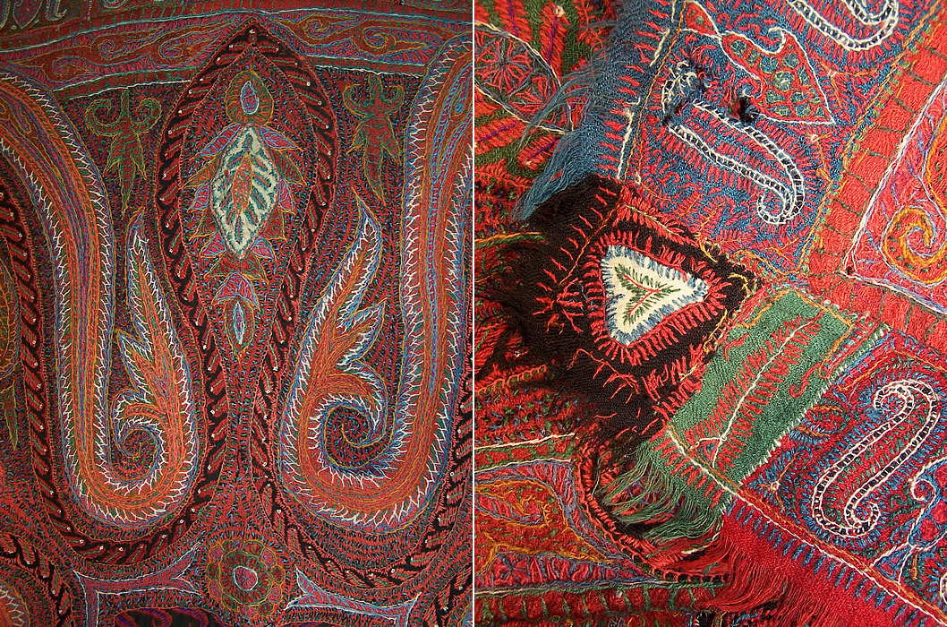 Antique Kashmir Hand Embroidered Woven Pieced Paisley Shawl close ups