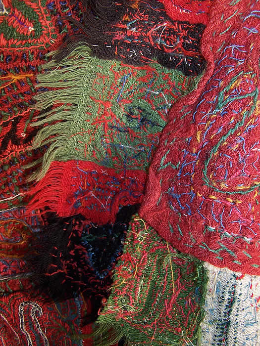 Antique Kashmir Hand Embroidered Woven Pieced Paisley Shawl close up.