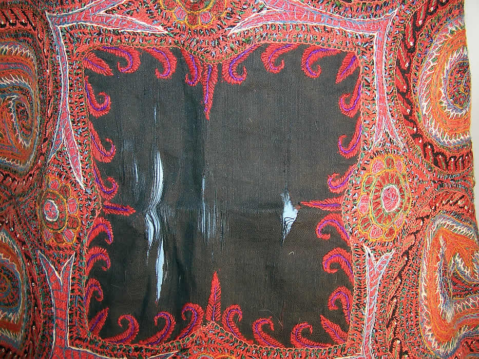 Antique Kashmir Hand Embroidered Woven Pieced Paisley Shawl center close up.