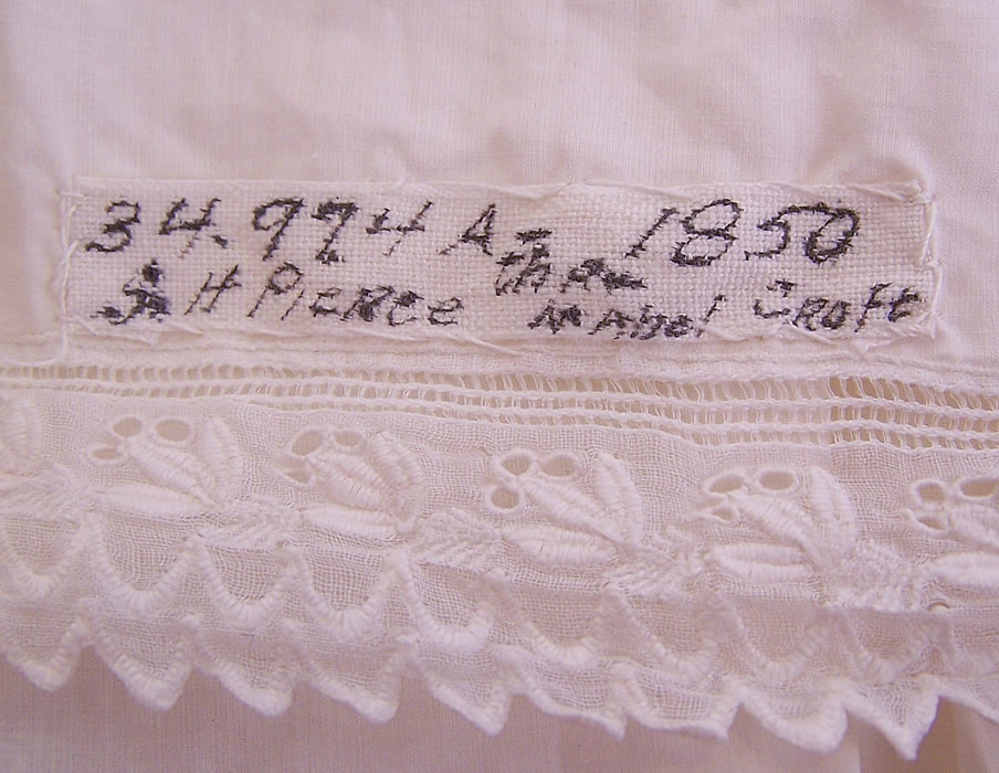 Victorian Antique Ayrshire Whitework Christening Gown Infant Dress label close up.