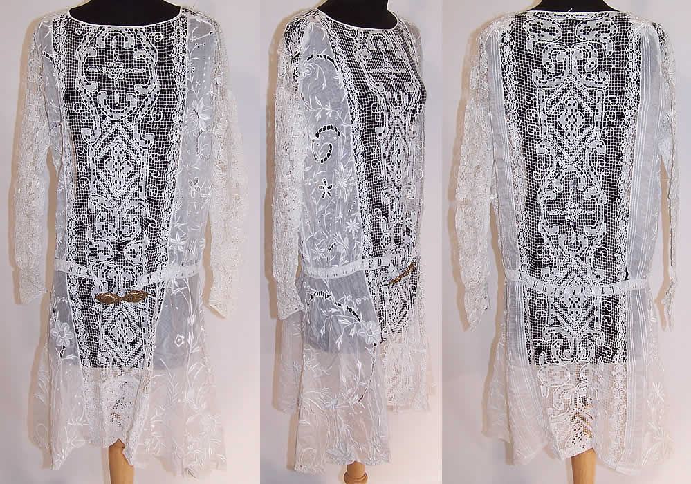 White Embroidered Batiste Filet Lace Belted Drop Waist Dress