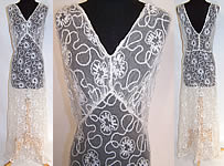 Vintage 1930s Embroidered Soutache Work White Net Lace Bias Cut Dress Gown