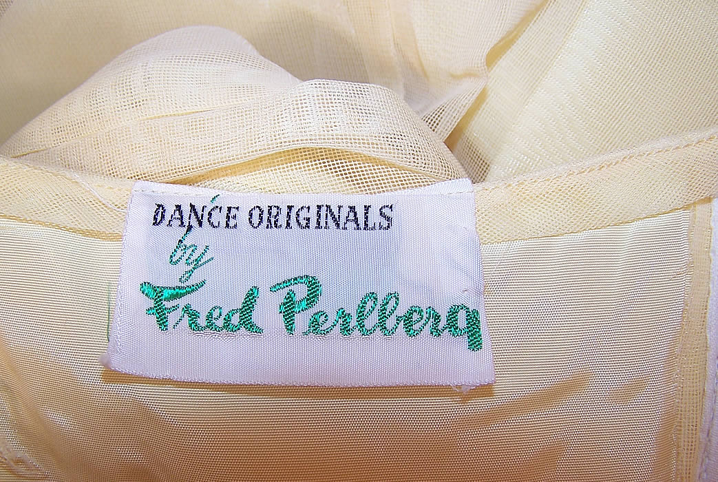 Vintage Fred Perlberg Yellow Chiffon Strapless Formal Gown Dance Dress & Cape label close up