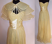 Vintage 1940s Fred Perlberg Yellow Chiffon Strapless Formal Gown Dance Dress & Cape