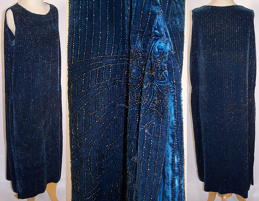 Vintage Barbara Lee France Art Deco Teal Blue Beaded Velvet Flapper Dress