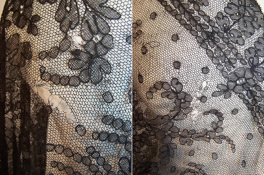 Victorian Civil War Antique Black Chantilly Lace Mantilla Spanish Shawl two close ups