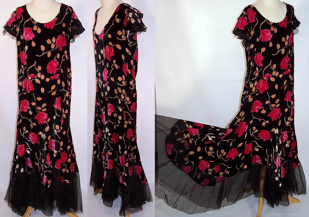 Vintage Black Velvet Pink Roses Print Drop Waist Tango Dance Dress