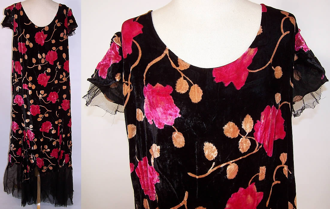 Vintage Black Velvet Pink Roses Print Drop Waist Tango Dance Dress