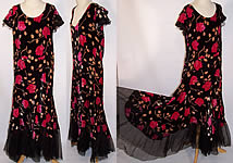 Vintage 1920s Black Velvet Pink Roses Print Drop Waist Tango Dance Dress