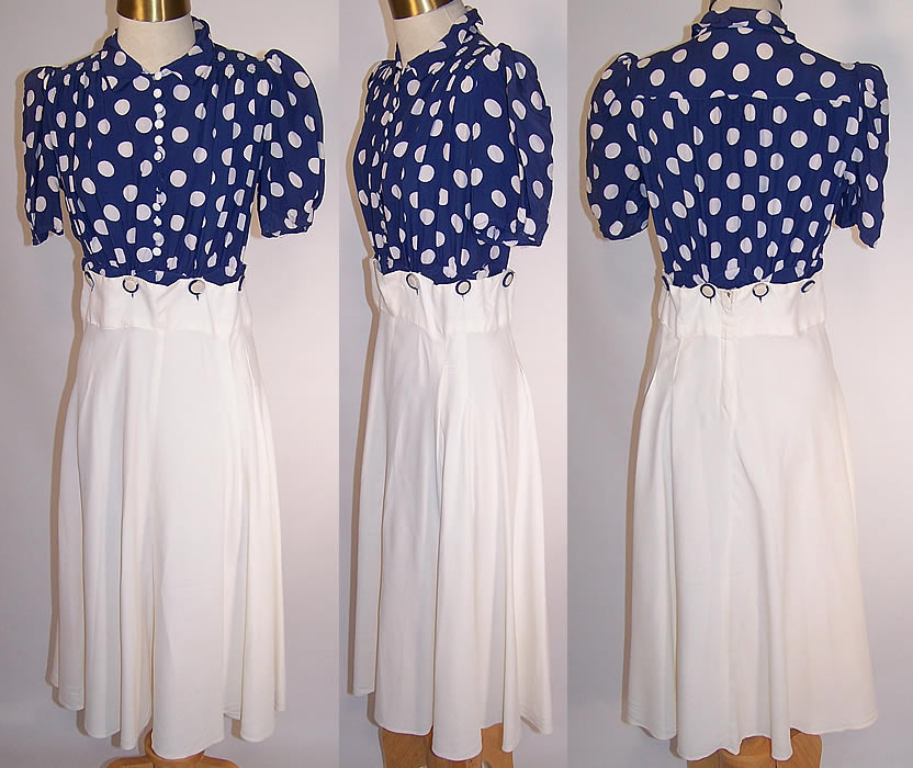 Vintage Retro Blue & White Polka Dot Rayon Rockabilly Pinup Swing Dress