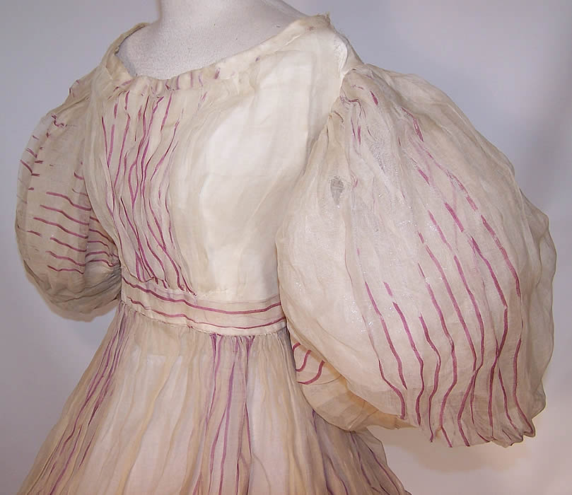 Antique Georgian Regency Muslin Purple Stripe Gigot Sleeve Gown Dress