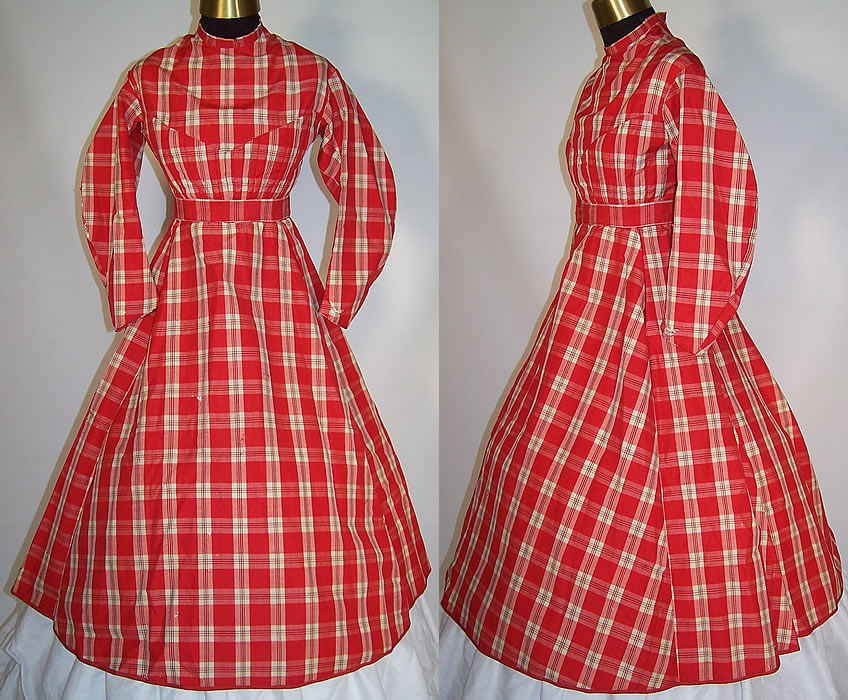 Victorian Civil War Girls Red & White Plaid Check Wool Hoop Skirt Dress 