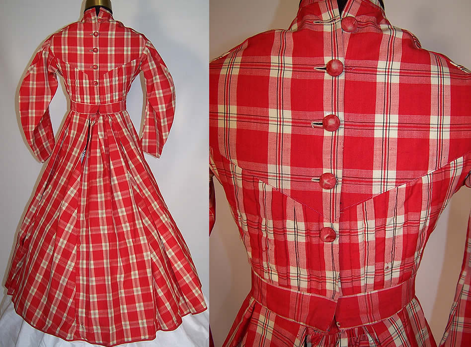 Victorian Civil War Girls Red & White Plaid Check Wool Hoop Skirt Dress 