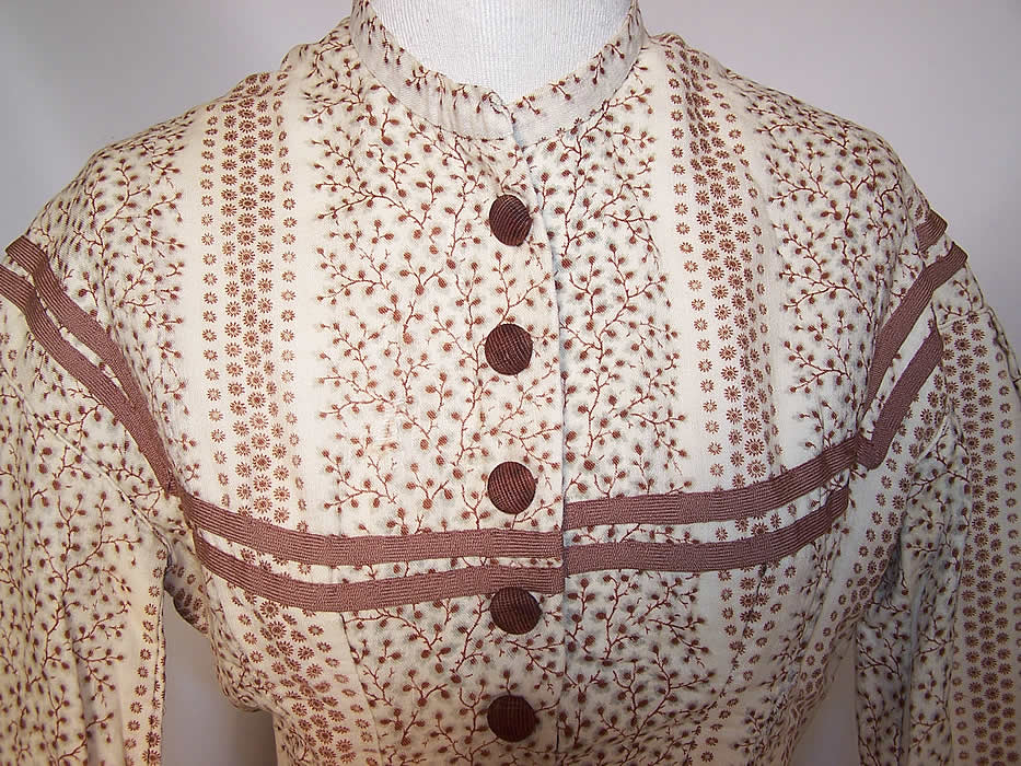 Victorian Civil War Brown & White Wool Challis Print Hoop Skirt Dress