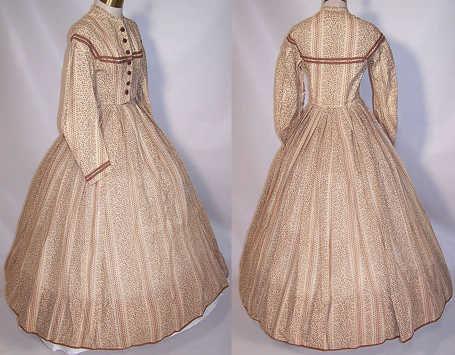 Victorian Civil War Brown & White Wool Challis Print Hoop Skirt Dress