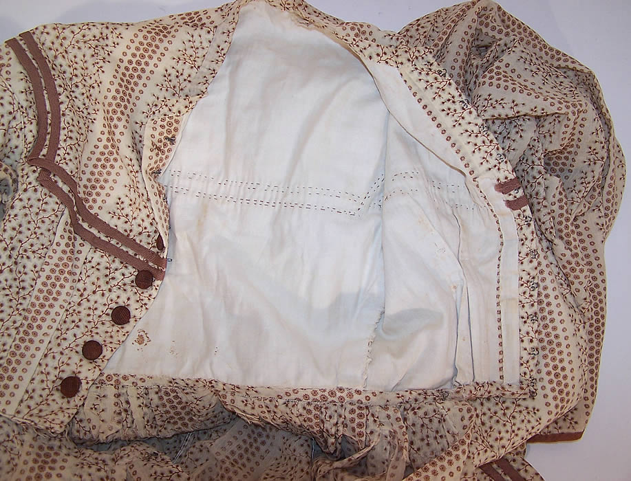 Victorian Civil War Brown & White Wool Challis Print Hoop Skirt Dress