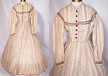 Victorian Civil War Brown & White Wool Challis Print Hoop Skirt Dress