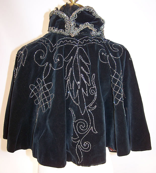 Victorian Black Velvet Green Beaded Evening Cloak Cape Capelet back view.