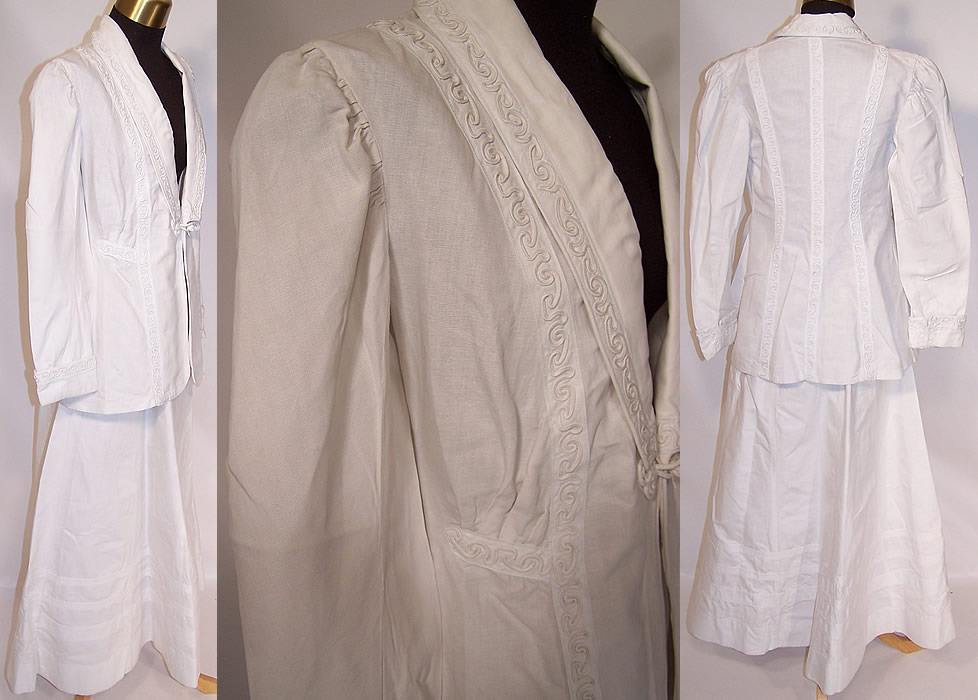 Edwardian White Linen Soutache Trim Walking Suit Jacket Skirt 