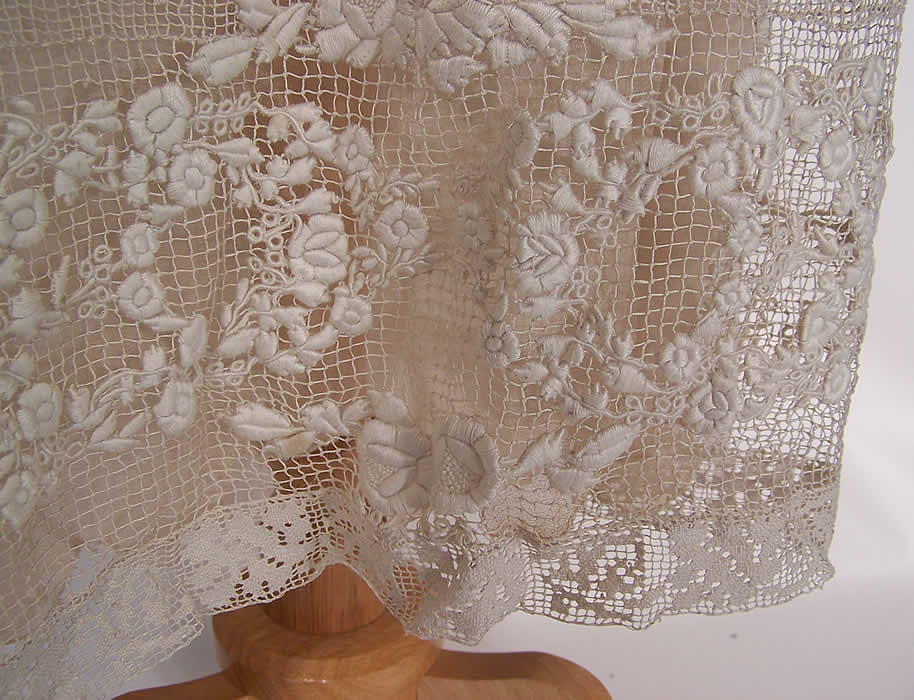 Vintage White Embroidered Net Filet Lace Drop Waist Dress & Silk Slip close up.