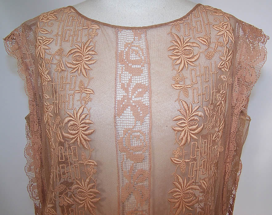 Vintage Ecru Embroidered Net French Knot Filet Lace Drop Waist Dress 