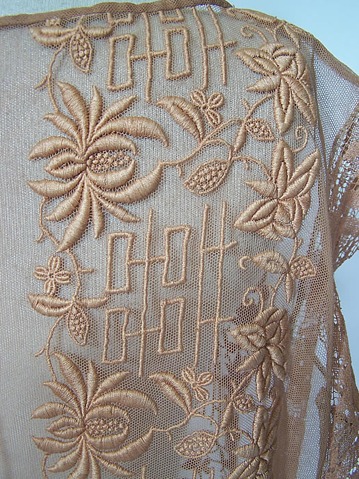 Vintage Ecru Embroidered Net French Knot Filet Lace Drop Waist Dress 