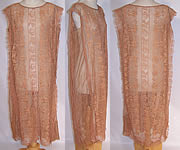 Vintage Ecru Embroidered Net French Knot Filet Lace Drop Waist Dress 