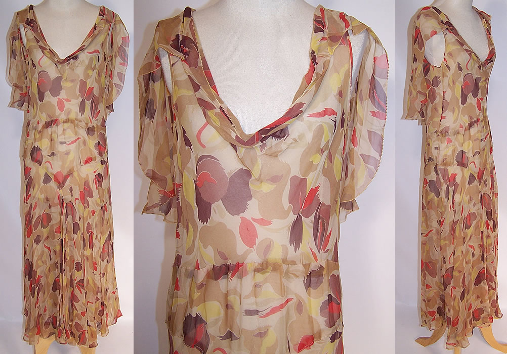 Vintage Iris Flower Silk Chiffon Print Shawl Cape Collar Bias Cut Dress