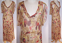 Vintage Iris Flower Silk Chiffon Print Shawl Cape Collar Bias Cut Dress