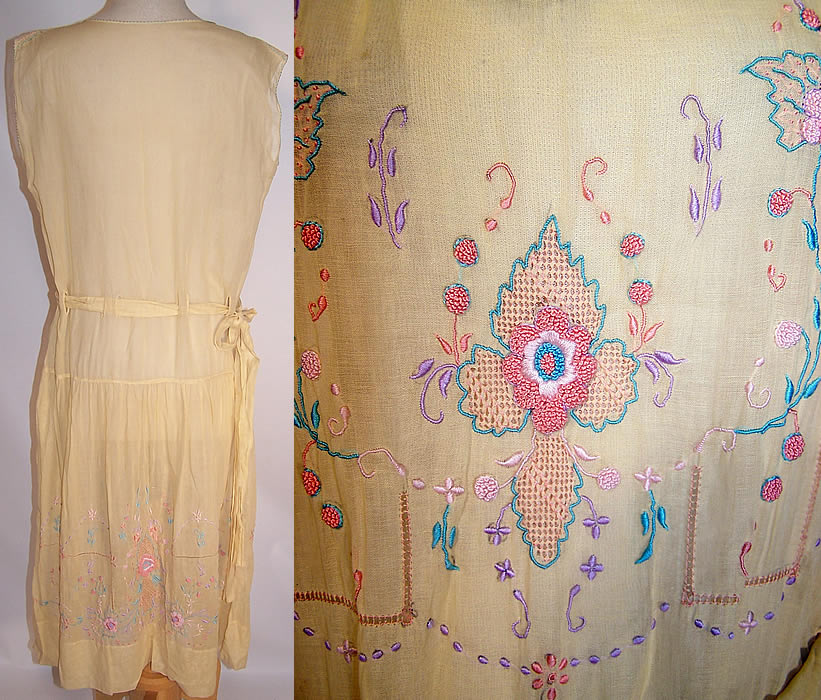 Vintage Yellow Batiste Pastel Smocking Embroidered Drop Waist Belted Peasant Dress