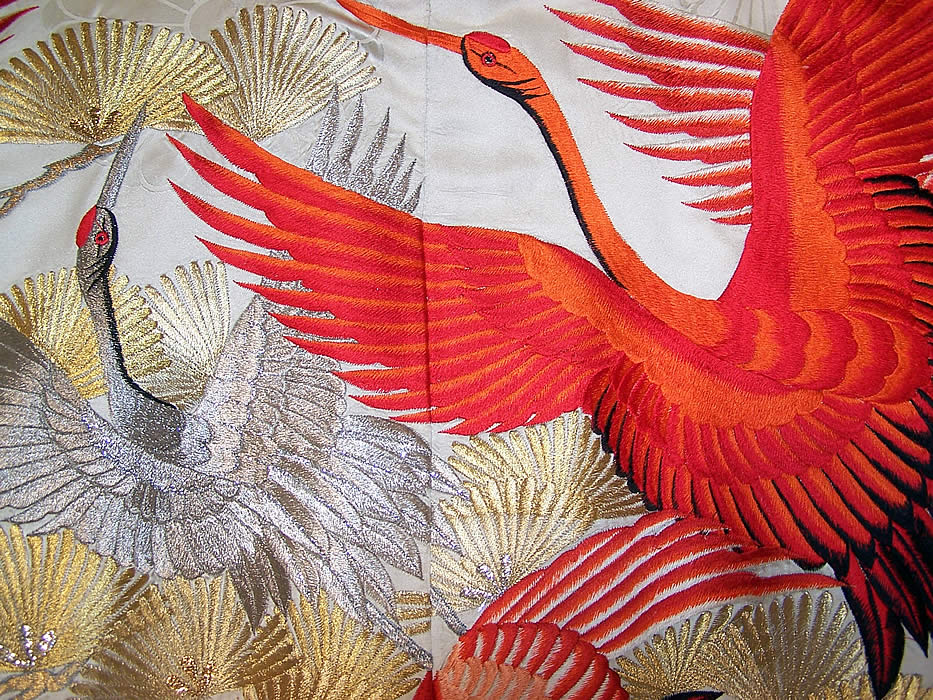 Vintage Japanese Crane Red Silver Gold Embroidered Uchikake Wedding Kimono  close up