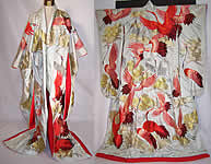 Vintage Japanese Crane Red Silver Gold Embroidered Uchikake Wedding Kimono 