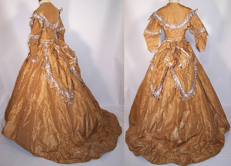 Victorian Golden Taupe Silk Taffeta Hoop Skirt Train Wedding Gown Dress