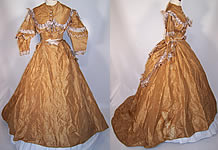 Victorian Golden Taupe Silk Taffeta Hoop Skirt Train Wedding Gown Dress