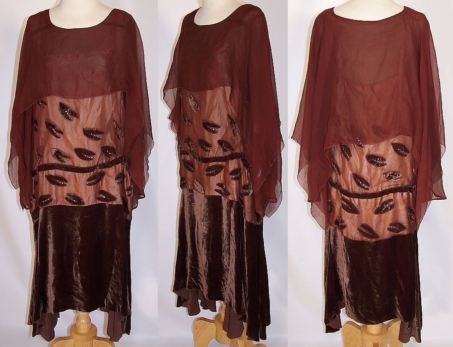 Vintage Brown Silk Chiffon Velvet Beaded Leaf Drop Waist Flapper Dress