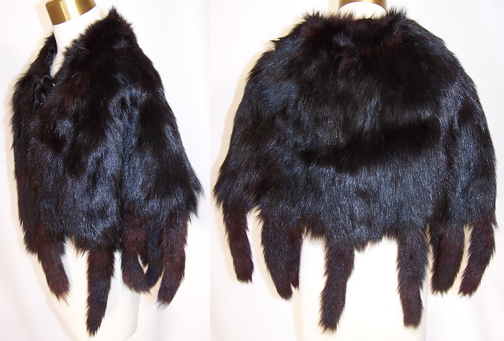 Edwardian Black Fox Fur Tail Stole Shawl Wrap Cape & Winter Muff