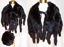 Edwardian Black Fox Fur Tail Stole Shawl Wrap Cape & Winter Muff