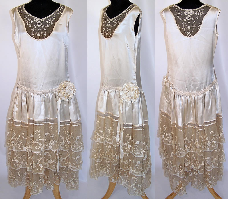 Vintage White Silk Rosette Princess Bobbin Lace Drop Waist Wedding Dress