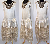 Vintage White Silk Rosette Princess Bobbin Lace Drop Waist Wedding Dress