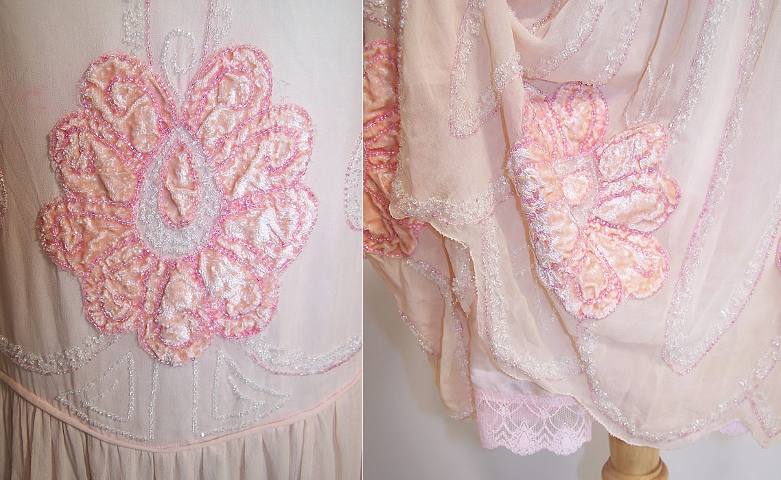 Vintage Pale Pink Silk Chiffon Velvet Rosette Applique Beaded Flapper Dress