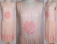 Vintage Pale Pink Silk Chiffon Velvet Rosette Applique Beaded Flapper Dress