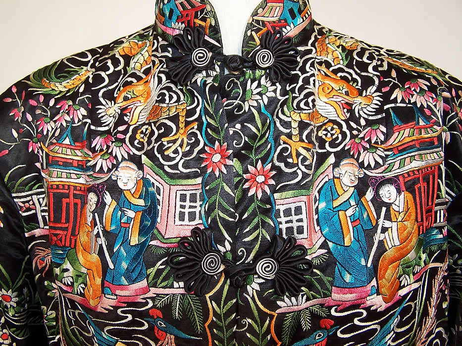 Vintage Chinese Figural Pheasant Dragon Silk Embroidered Jacket Coat